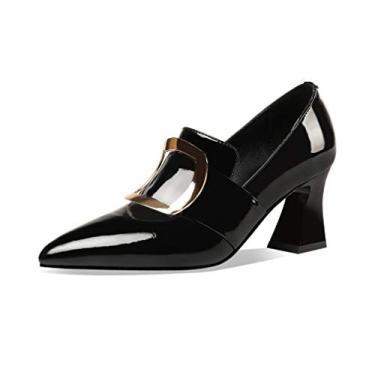 Imagem de TinaCus Sapato feminino de couro envernizado brilhante feito à mão com bico fino, salto alto, padrão quadrado dourado decorativo, mocassim, B - preto, 37