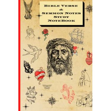 Imagem de Bible Verse and Sermon Notes Journal, Jesus, Vintage Tattoos, Bible Study: 6x9 Vintage Jesus Tattoo Bible Verse Journal, choose a verse and study it one at a time. 150 Pages