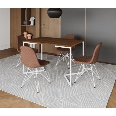 Imagem de Mesa Jantar Industrial Retangular Base V 120x75cm Amêndoa com 4 Cadeiras Estofadas Caramelo Aço Bran