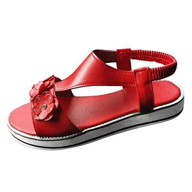 Imagem de Sandálias rasteiras femininas de strass elástico moda casual floral cristal sandálias confortáveis sapatos de praia sapatos baixos casuais femininos (vermelho, 7)