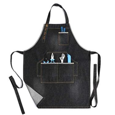 Imagem de Avental de barbeiro Jeanerlor 100% algodão com bolsos de ferramentas para mulheres e homens Aventais de trabalho jeans personalizados para cabeleireiros Barista (2 cores) gola ajustável, AIWQ15LH, Preto, Adjustable:M to XXL