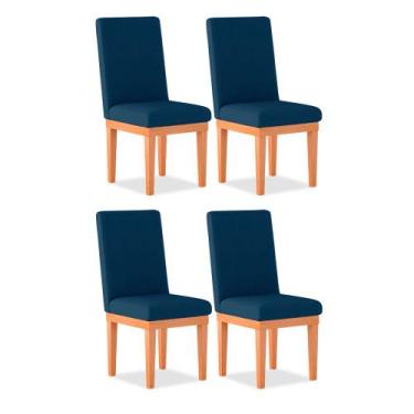 Imagem de Kit 04 Cadeiras De Jantar Alice Com Base De Madeira Linho Azul - Madei