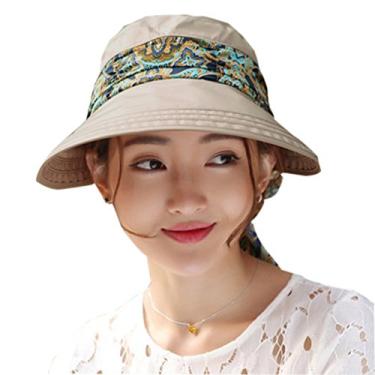 Imagem de Chapéu de sol feminino com aba no pescoço viseira esportiva aba grande proteção solar UV chapéu de pesca de praia, Caqui, M