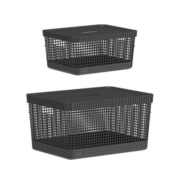 Imagem de Kit De Cesto Organizador Grid Preto Com Tampa 02 Peças