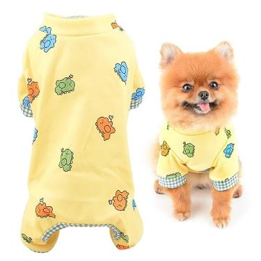 Imagem de SMALLLEE_LUCKY_STORE Roupas de cachorro pequeno pijama fofo dinossauro filhote pijama pijama gato pijama elástico macacão quente roupas de dormir para yorkie chihuahua, amarelo, PP