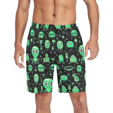 Imagem de CHIFIGNO Shorts de pijama masculino, calça de pijama masculina leve, calça de pijama masculina com bolsos e cordão, Alienígenas verdes em preto, P