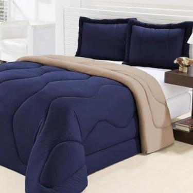 Imagem de Kit Edredom Casal Queen Malha Gel Dupla Face 3 Peças (Azul Marinho com Avelã)