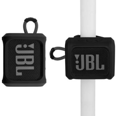 Imagem de TXesign Capa de silicone para alto-falante portátil JBL Go 3 com alça removível para bicicleta, carrinho de golfe, viagem, capa protetora para alto-falante (preto)