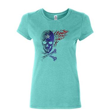 Imagem de Camiseta feminina Fantacycle Skull Crossbones American Pride Tribal Flame Shirt, Azul claro, XXG