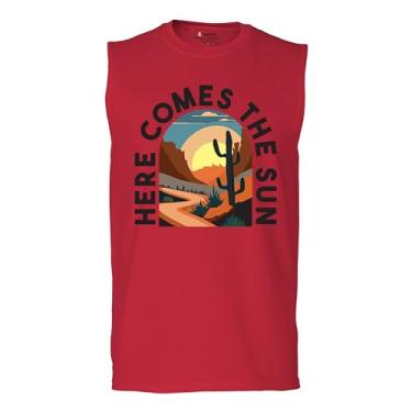 Imagem de Camiseta masculina Here Comes The Sun Muscle Retro Boho Cactus Canyon Sunrise Vintage Travel Hippie Summer Sixties South, Vermelho, G