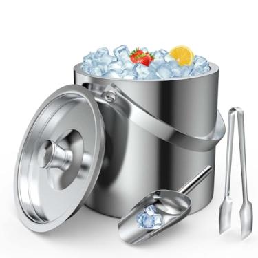 Imagem de Balde de gelo 3L com tampa, colher, pinça, balde de gelo de aço inoxidável isolado de parede dupla balde de vinho para bar de coquetel e festas