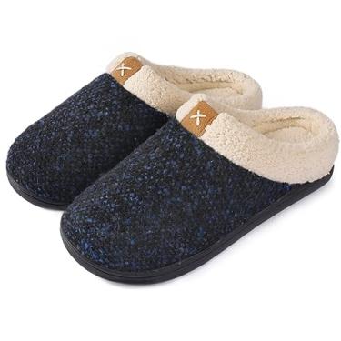 Imagem de ULTRAIDEAS Chinelos masculinos, chinelos de carpete para homens, presentes masculinos, Pantuflas sem cadarço para homens, espuma de memória, sapatos de casa para ambientes internos e externos, tamancos com sola de borracha, Upgrade azul, 7-8