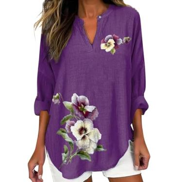 Imagem de Camisetas femininas de linho Alzheimer, blusa roxa com estampa floral, gola V, manga comprida, roupas de verão, H - roxo, P