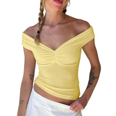 Imagem de Balimtoy Blusa feminina com ombros de fora, sem mangas, costas nuas, cropped para sair, gola V, caimento justo, bustiê, roupas Y2K, Amarelo, G
