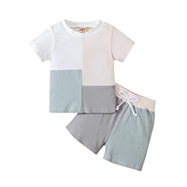 Imagem de Camiseta xadrez de manga curta primavera verão algodão patchwork shorts roupas, Azul claro, 6-12 Meses