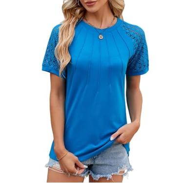 Imagem de Camisetas femininas modernas de renda manga curta blusas plissadas gola redonda camisetas túnicas elegantes tops para mulheres 2024, Pavão - azul, G