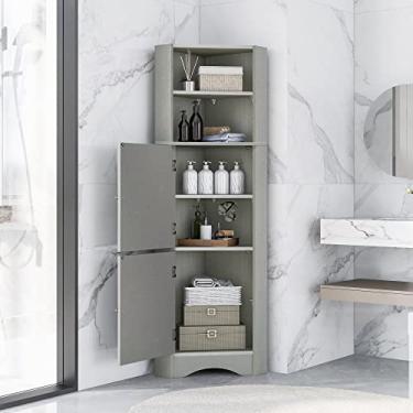 Imagem de Armário alto de canto de banheiro, armário de armazenamento independente com portas e prateleiras ajustáveis, placa MDF, cinza