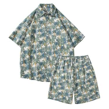 Imagem de Terno masculino de manga curta de praia estampado, camisa arejada e fresca, conjunto de shorts elásticos de secagem rápida com, Verde, 5X-Large