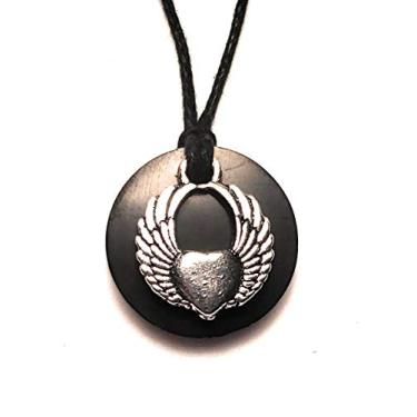 Imagem de Karelia Creations Pingente e colar de asa de anjo Shungite | Bloqueador de filtro de proteção autêntico, adulto, adolescentes, unissex, moderno | Ideia de presente de feriado, Aço inoxidável, Shungite