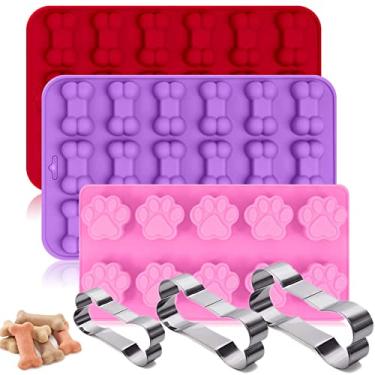 Imagem de RUGVOMWM Conjunto de 6,3 pacotes de moldes de silicone em forma de pata e osso e 3 pacotes de cortadores de biscoito de osso de cachorro de aço inoxidável, para petiscos caseiros, patas, gelo, doces e