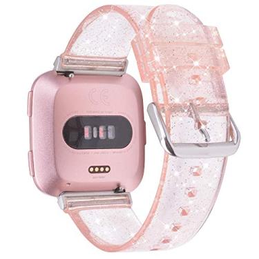Imagem de iiteeology Compatível com as pulseiras Fitbit Versa, pulseira de TPU transparente macia com glitter para todos os relógios inteligentes Fitbit Versa/Versa Lite Edition) / Versa SE Smart Watches Feminino, pink/silver