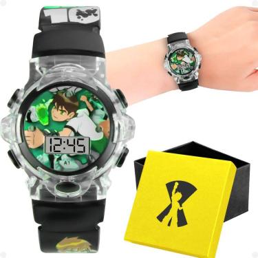 Imagem de relogio digital infantil silicone preto ben10 led + caixa esportivo data heroi luz ajustavel verde