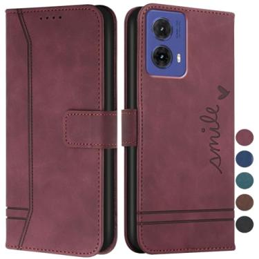 Imagem de COTDINFOR Capa para Moto G85 5G, Moto G85 5G Capa carteira com porta-cartões de couro com suporte magnético à prova de choque capa carteira para Motorola Moto G85 5G Smile Red Wine