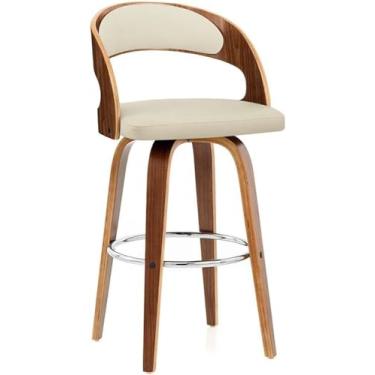Imagem de Bancos de bar giratórios de madeira maciça, bancos de bar de altura alta com encosto, banco de bar de couro PU para ilha de cozinha, bancos de bar estofados com apoio para os pés, cadeiras d