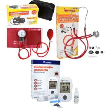 Imagem de Kit com esfigmomanômetro esteto completo vermelho - Premium