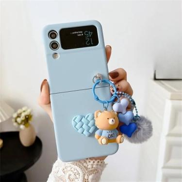 Imagem de Para samsung galaxy z flip 6 5 urso dos desenhos animados amor coração caso para samsung z flip 6 5 4 zflip 6 hairball 3d desenhos animados pingente capa, azul, para zflip6