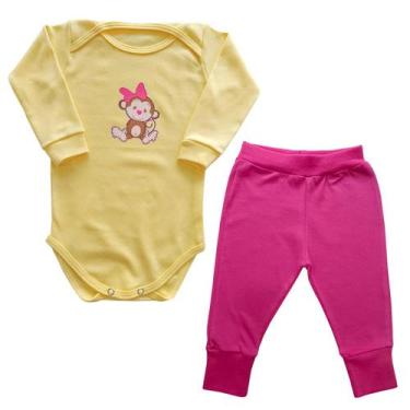 Imagem de Conjunto Body Manga Longa Bebê Macaquinha Laço Rosa + Calça - Generic,