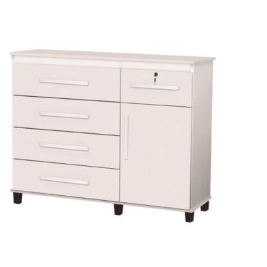 Imagem de Cômoda 5 Gavetas Com Fechadura em Aço e Sapateira Cor Branco - Trinobe