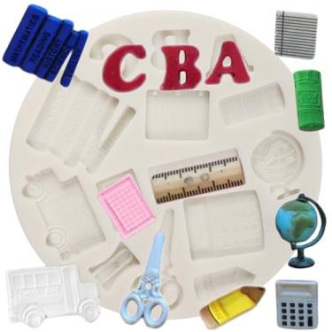 Imagem de QDMOLDS Volta às aulas moldes de silicone globo ônibus escolar régua de giz de cera tesouras paleta de caneta calculadora moldes de fondant para decoração de bolos topo de cupcake artesanato doce