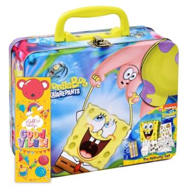 Imagem de SpongeBob SquarePants Caixa de lata para colorir e atividades para crianças, com giz de cera, adesivos, bloco de esboço, kit de cores para artesanato sem bagunça para crianças, meninos e meninas