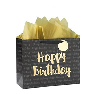 Imagem de Loveinside Saco de presente de aniversário preto e dourado com papel de seda para aniversário, chá de bebê, homens, festas e mais, 33 x 12,7 x 25,4 cm, 1 peça