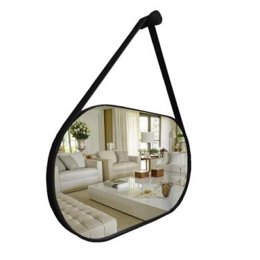 Imagem de Espelho Oval Lavabo com Alça Horizontal Couro Decorativo - VSA, Preto