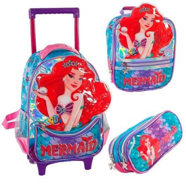 Imagem de Kit3 Mochila rodinha Lancheira Estojo da Sereia Mermaíd - Denlex, Roxo