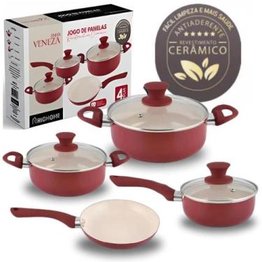 Imagem de Jogo Panela Cerâmica Antiaderente 4 Pçs Vermelha Bege Frigideira Caçar