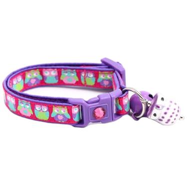 Imagem de Coleira de gato de coruja com sino | Coleira de segurança | Tamanho grande ajustável ou coleira de gatinho (rosa brilhante/roxo, pequeno (4,5 kg e menos))