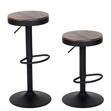 Imagem de YOUNIKE Banquetas de bar de madeira vintage rústico banco de bar de altura para balcão, cadeiras de bar ajustáveis com altura giratória com apoio para os pés, café cozinha jardim (conjunto de 2,