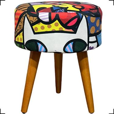 Imagem de Puff Redondo Decorativo Para Sala Pé Palito Castanho Suede Estampado (Romero Brito)