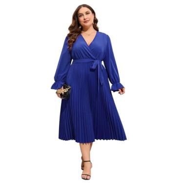 Imagem de KOJOOIN Vestido feminino plus size, gola V, bainha plissada, babados, mangas compridas, elegante, casual, midi com cinto, Azul, 4G