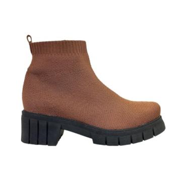 Imagem de QR Shoes, Bota Feminina Caramelo Meia Knit Tricot Tratorada Conforto Cor:Marrom;Tamanho:36
