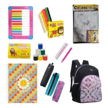 Imagem de Kit Material Escolar Infantil Volta as Aulas 49 Itens com Ábaco e Mochila Caderno Massinha Tinta