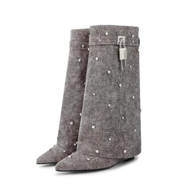 Imagem de Rock88 Botas femininas de strass, botas de salto plataforma dobráveis com cadeado, bico fino e panturrilha larga para festa de casamento e vestido de encontro, cinza, 36