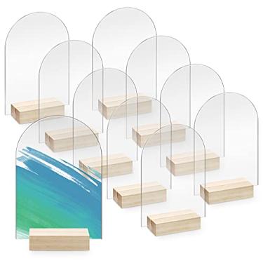 Imagem de Bercoor Pacote com 10 placas de acrílico de arco transparente em branco de 10 x 15 cm com suportes de madeira, folha acrílica arqueada com topo redondo, números de mesa de arco de acrílico faça você mesmo para cartões de nome, presentes, eventos, festas, decoração