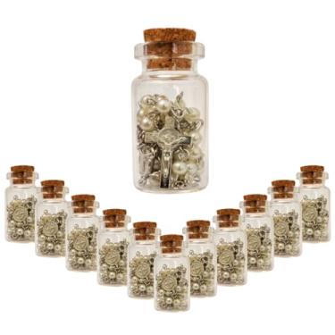 Imagem de 12 Lembrancinhas Garrafinhas de Vidro com Terço de São Bento Batizado, Crisma, Primeira Comunhão (Prata/Pérola)