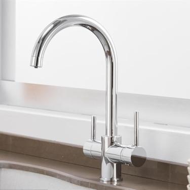 Imagem de Torneira de cozinha preta com filtro, bege com pontos, misturador purificador de latão, pulverizador duplo, água potável, torneira de pia curva, rotação de 360 graus, cromada