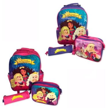 Imagem de Kit Mochila Escolar Infantil com Estojo e uma Lancheira, Rosa/Roxo - Sortido