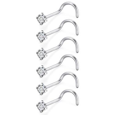 Imagem de Qiwnswoy Piercing de nariz de aço cirúrgico/titânio, 6 peças, piercing de nariz em forma de L, joia corporal para mulheres, 22 g/20 g/18 g, Metal Cristal, Zircônia cúbica